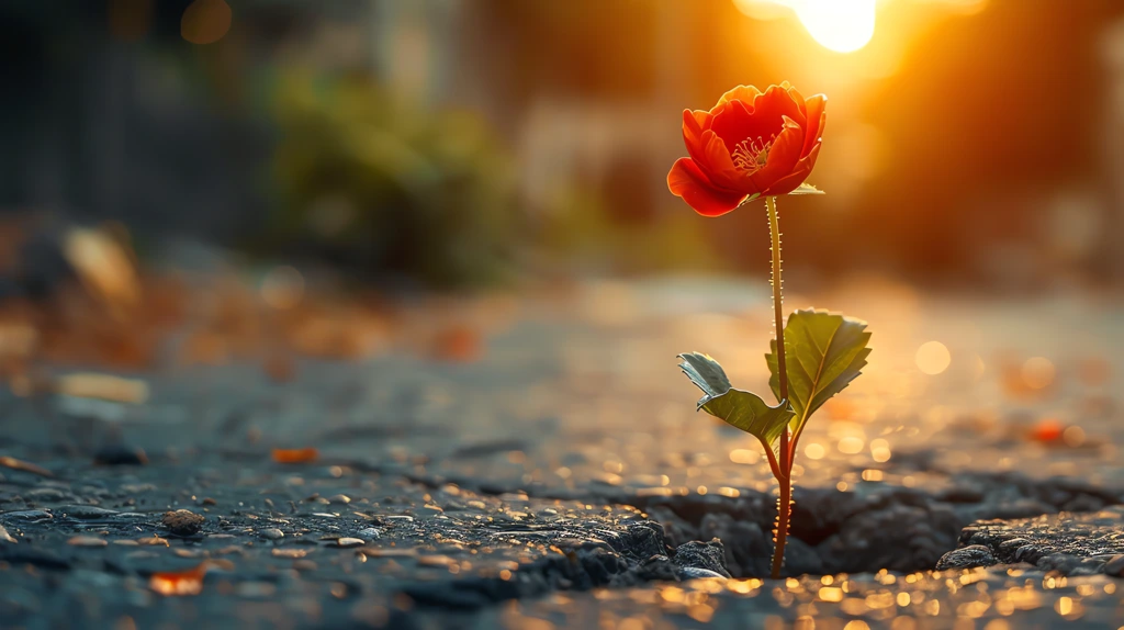 vibrant red flower emerges through a crack in the pavement symbolizing resilience desktop wallpaper 4k