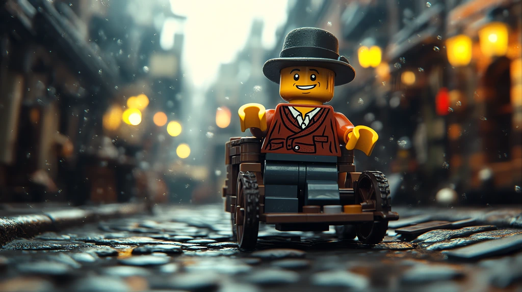 victorian-clad lego figure its stoic expression contrasted by the exuberance of a toy cart desktop wallpaper 4k