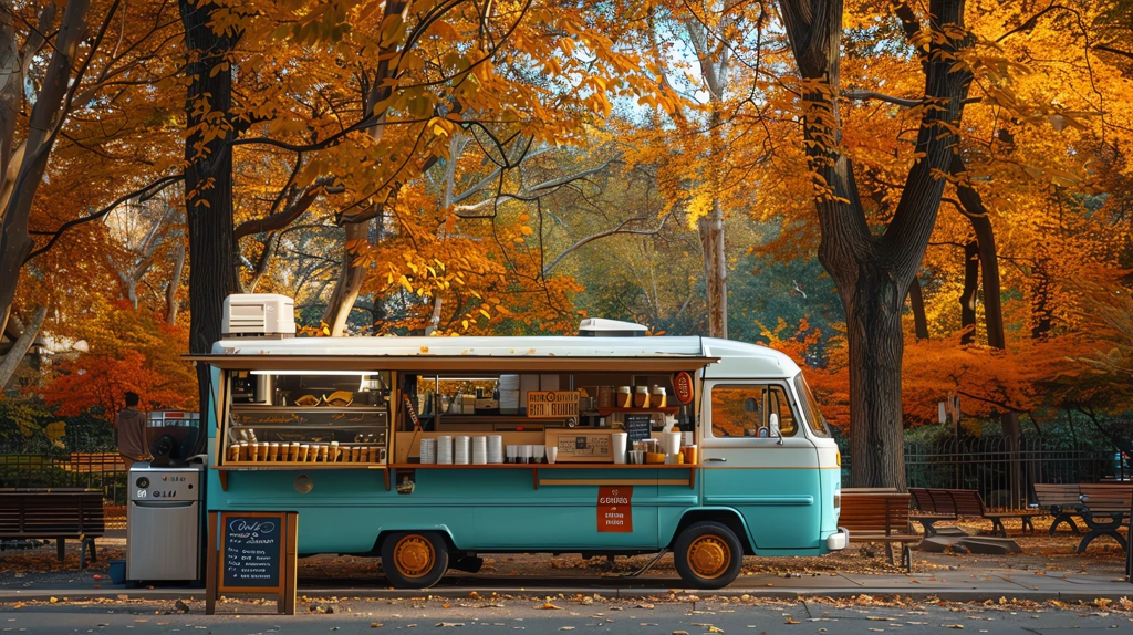 vintage turquoise and white mobile coffee truck parked in a picturesque autumn park desktop wallpaper 4k