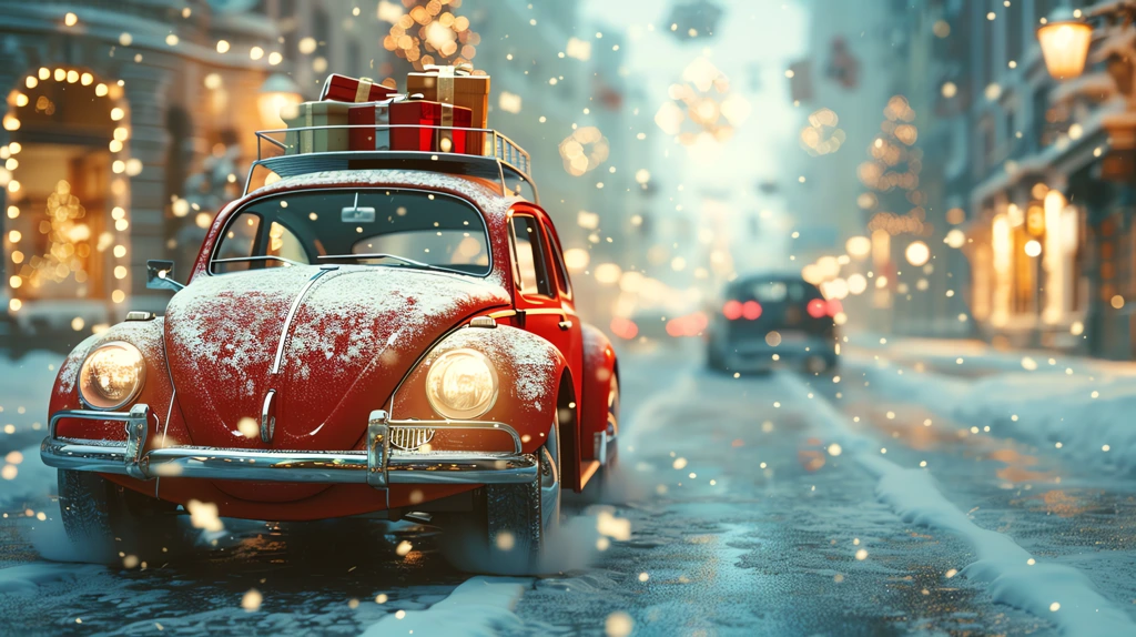 volkswagen beetle car with christmas gifts on the roof driving through snowfall desktop wallpaper 4k