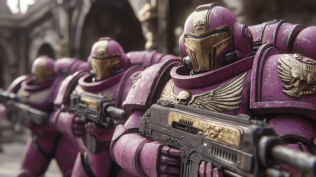 warhammer 40000 three space marines in perfect purple pink and gold armour desktop wallpaper 4k