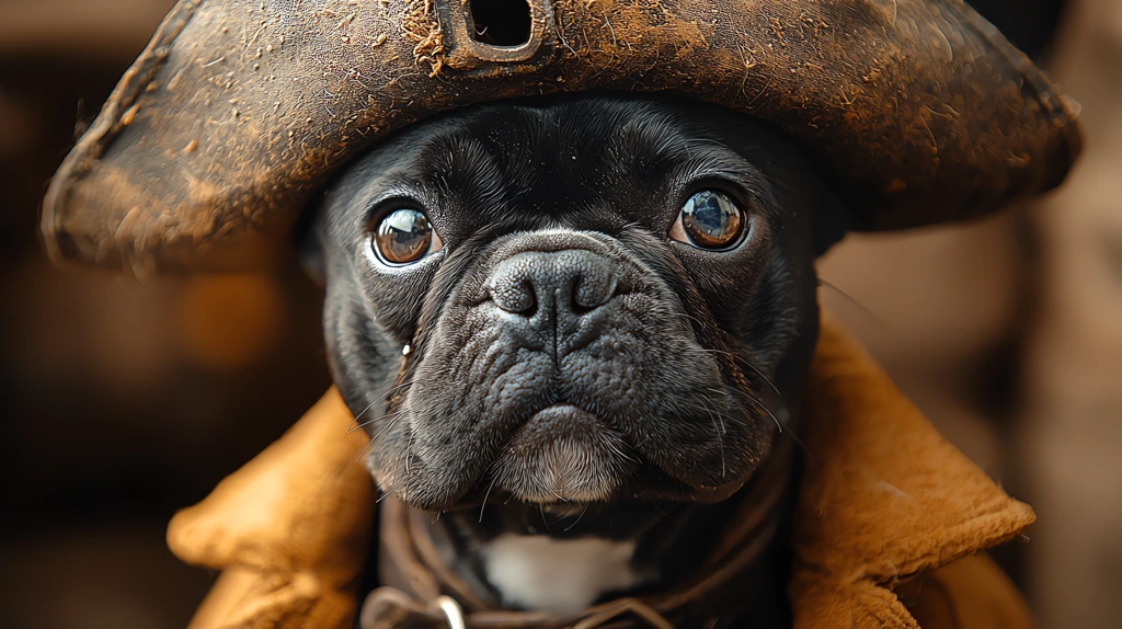 weirdo black french bulldog pirate in a exaggerate emotional desktop wallpaper 4k