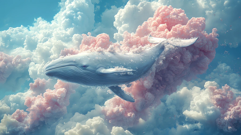 whale with a blossoming iceberg on its back suspended in mid-air cotton candy-like clouds desktop wallpaper 4k