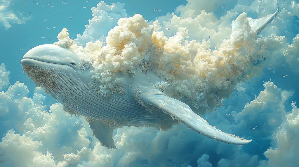 whale with a blossoming iceberg on its back suspended in mid-air desktop wallpaper 4k