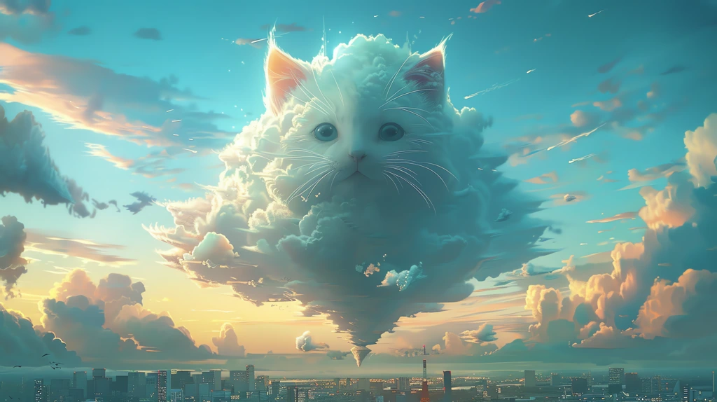 whimsical baby cat cloud looming in the sky at sunrise desktop wallpaper 4k
