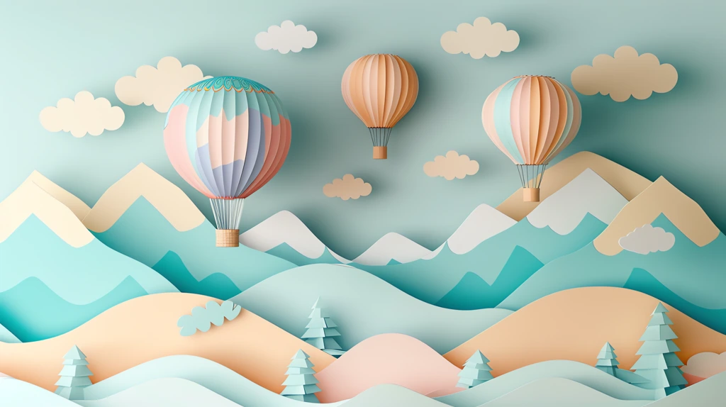 whimsical paper art landscape with hot air balloons desktop wallpaper 4k