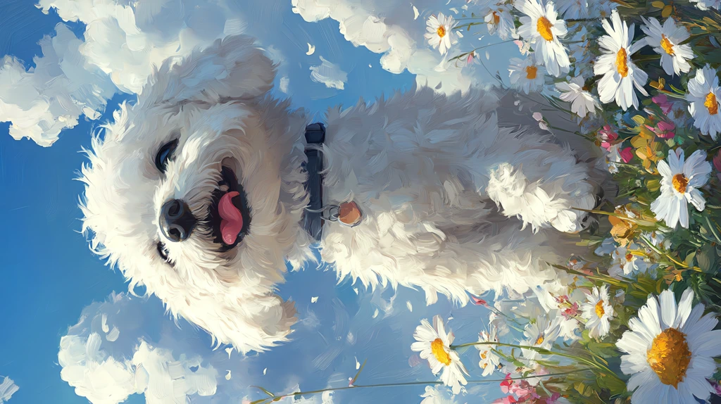 white bichon frise dog smiles and stands in a field of daisies phone wallpaper 4k