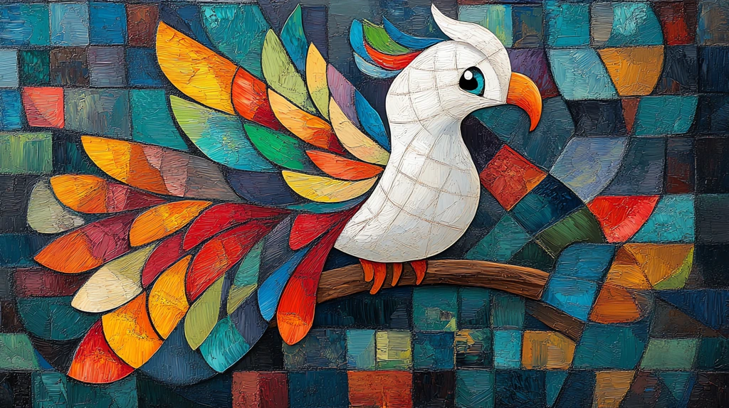 white bird with colorful plumage in the style of picasso cubist painting desktop wallpaper 4k