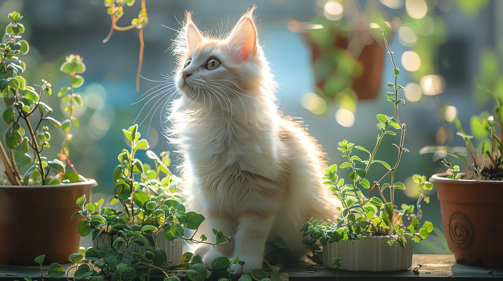 white cat exploring with green plants desktop wallpaper 4k