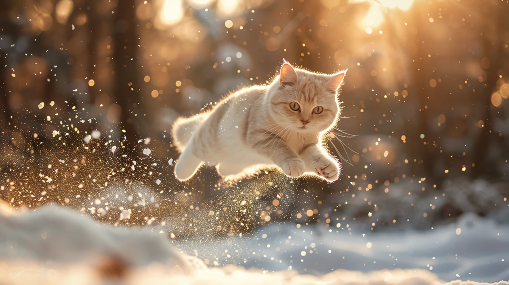 white cat jumping through freshly fallen snow in a winter forest desktop wallpaper 4k