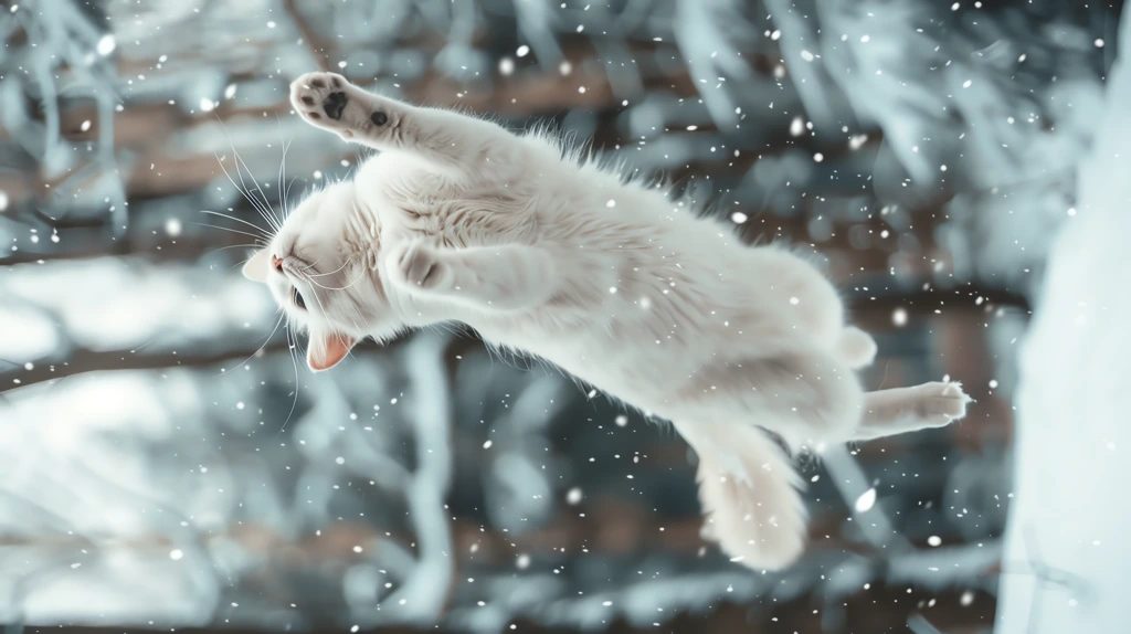 white cat jumping through freshly fallen snow phone wallpaper 4k