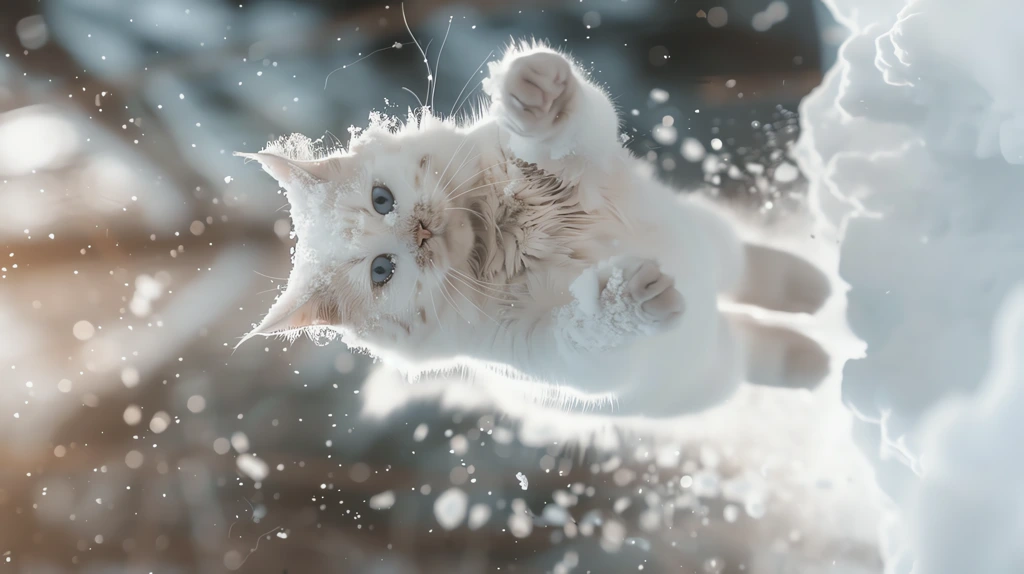 white cat jumping through freshly phone wallpaper 4k