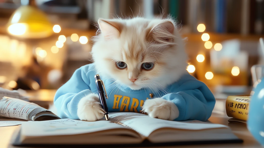 white cat wearing a blue sweatshirt with a pen in hand desktop wallpaper 4k