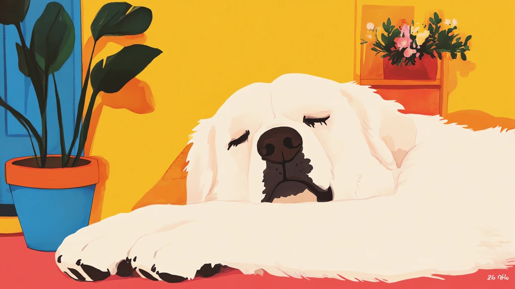 white cute dog inside a cozy house having rest minimalistic watercolor desktop wallpaper 4k