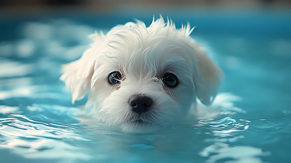 white dog is swimming in a pool version four desktop wallpaper 4k