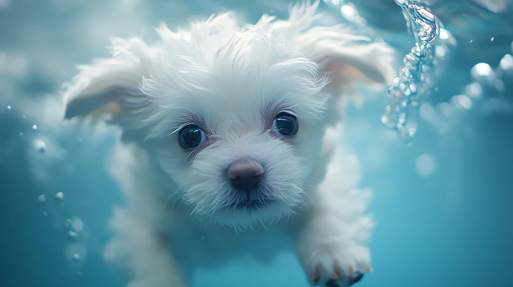 white dog is swimming in a pool version three desktop wallpaper 4k