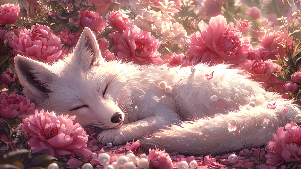 white fox pink peonies version three desktop wallpaper 4k