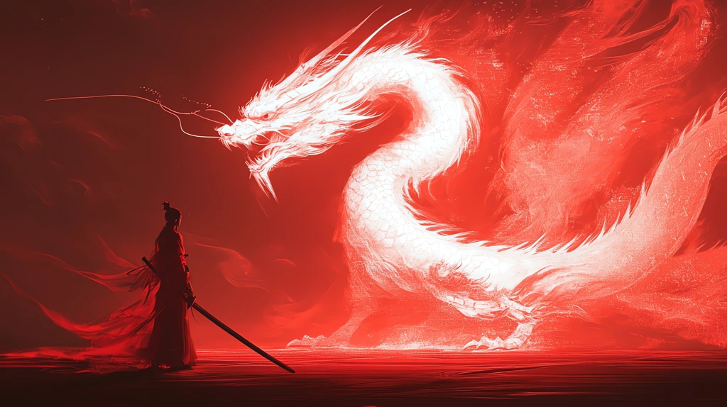 white glowing dragon surrounding a samurai holding a sword red light swirls desktop wallpaper 4k