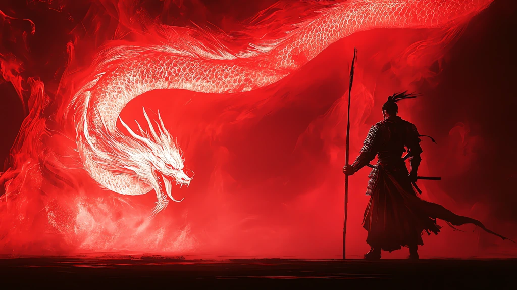 white glowing dragon surrounding a samurai holding a sword red light swirls in the dark atmosphere desktop wallpaper 4k