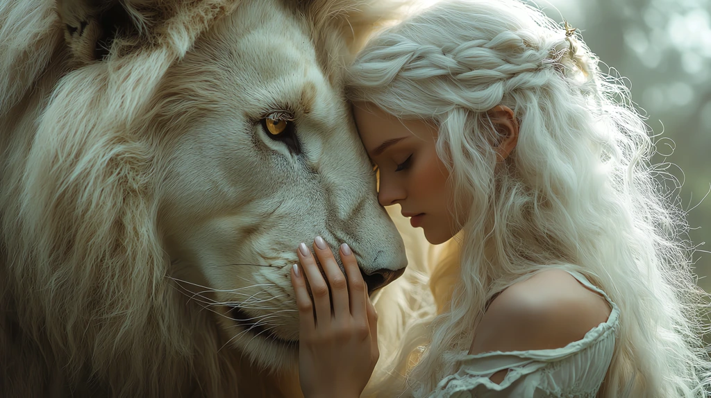 white lion with golden eyes a blond beauty touches his face her eyes are downcast desktop wallpaper 4k