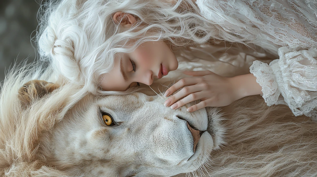 white lion with golden eyes a blond beauty touches his face phone wallpaper 4k