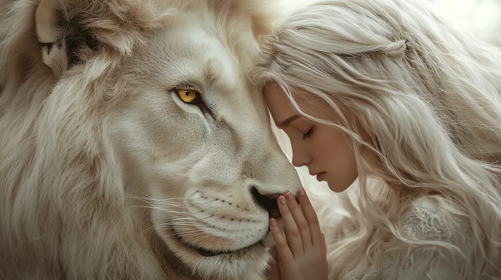 white lion with golden eyes a blond beauty touches his face very tenderly with her face desktop wallpaper 4k