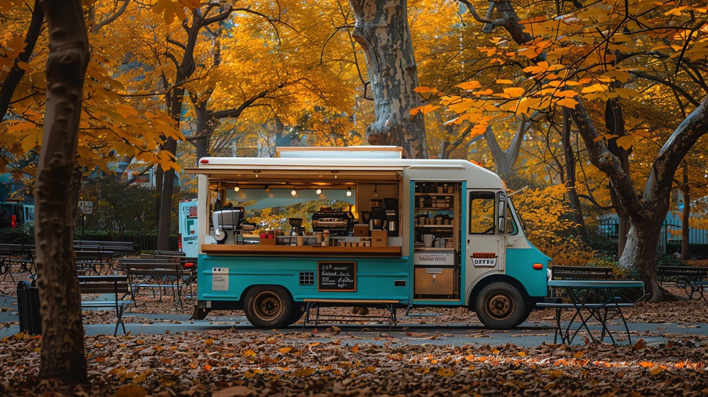white mobile coffee truck parked in a picturesque autumn park desktop wallpaper 4k