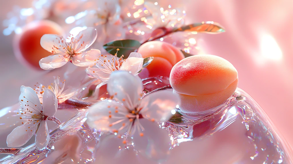 white peach blossoms and ripe peaches inside an ice sculpture phone wallpaper 4k