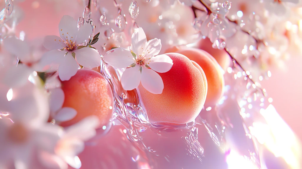 white peach blossoms and ripe peaches inside an ice sculpture with bright lighting a pink desktop wallpaper 4k