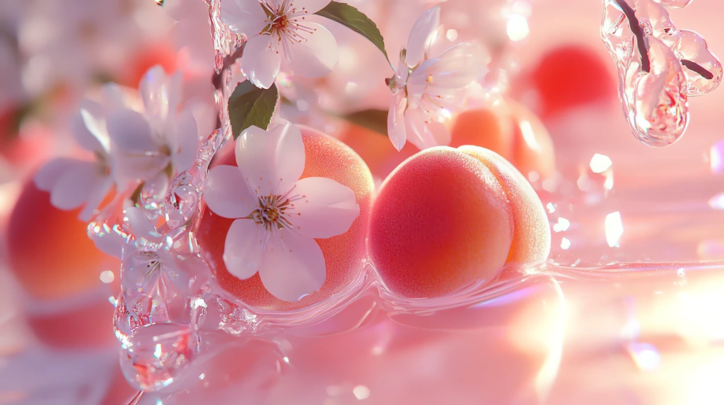 white peach blossoms and ripe peaches inside an ice sculpture with bright lighting desktop wallpaper 4k