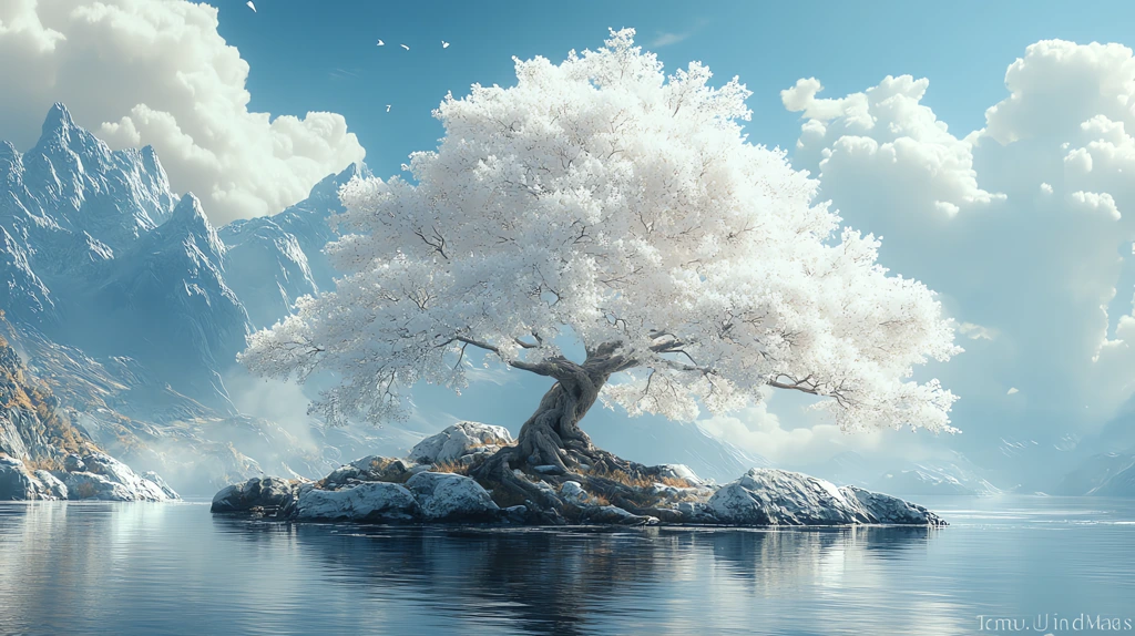 white pearl tree on the lake cloud desktop wallpaper 4k