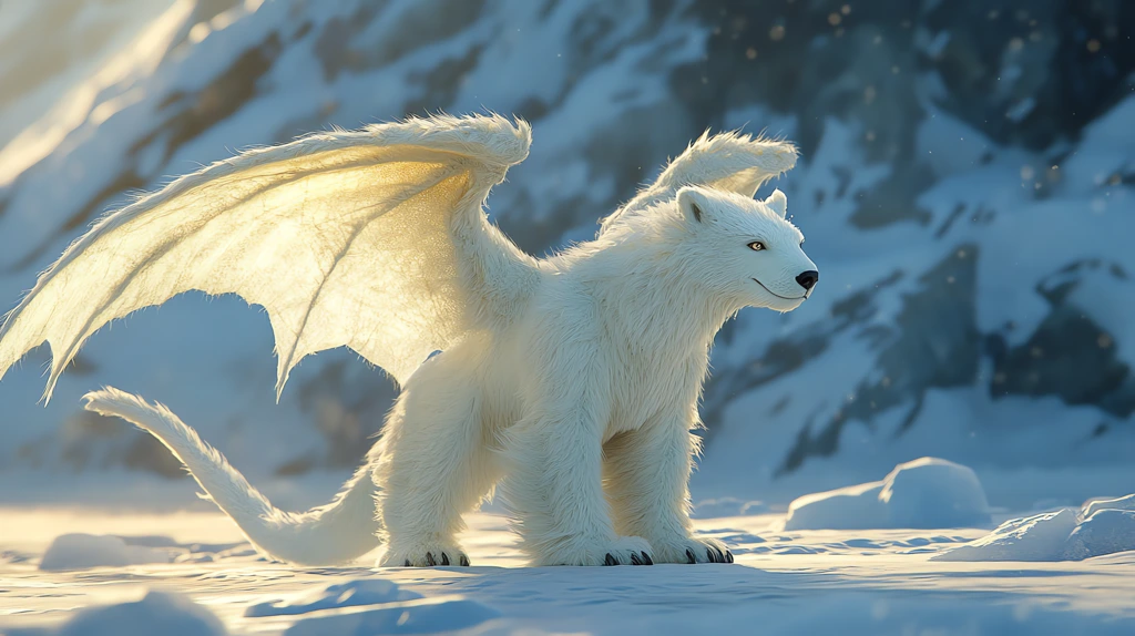 white polar bear dragon with wings ice the lighting is late afternoon desktop wallpaper 4k