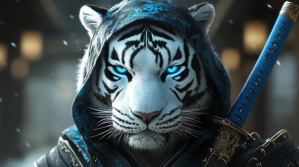 white tiger bright blue eyes samurai version four desktop wallpaper 4k