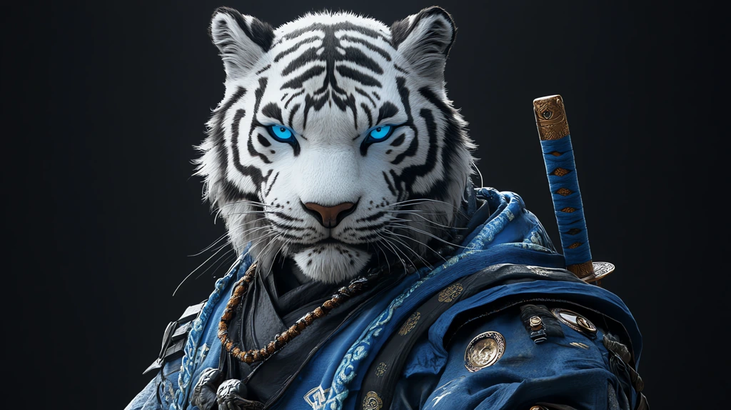 white tiger bright blue eyes samurai version three desktop wallpaper 4k