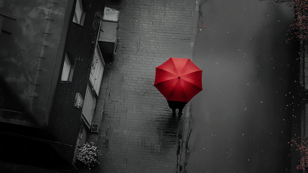 white wet city street with houses one pedestrian with a red umbrella desktop wallpaper 4k