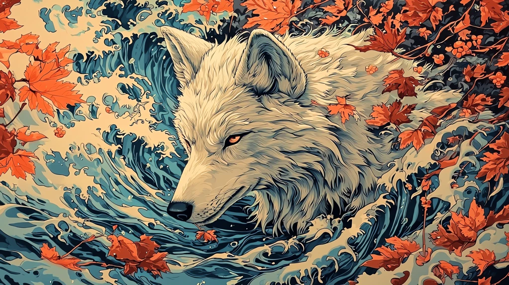 white wolf in the ocean surrounded by maple leaves and flowers desktop wallpaper 4k