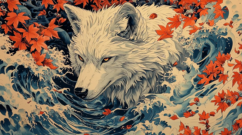 white wolf in the ocean surrounded by maple leaves and flowers in the style of japanese art style desktop wallpaper 4k