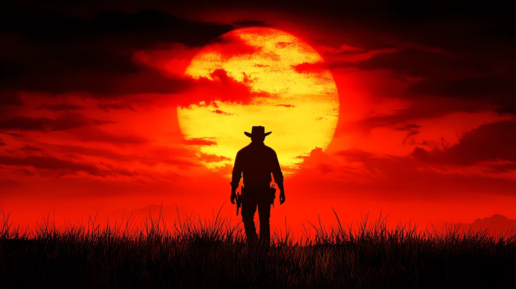 wild west a man walking towards horizan silloute against huge sun desktop wallpaper 4k