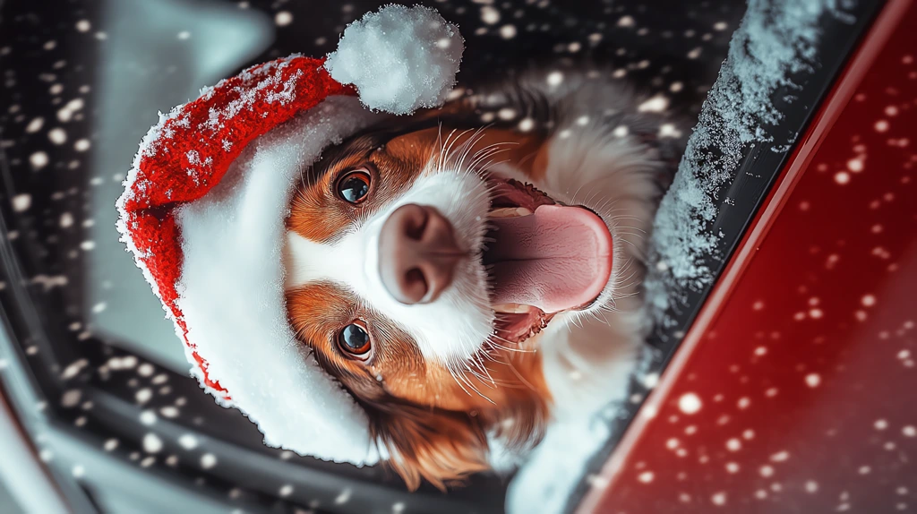 winter scene surreal photo of a dog wearing a santa hat phone wallpaper 4k