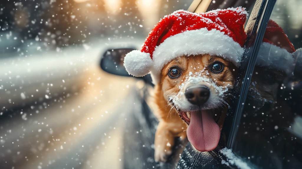 winter scene surreal photo of a dog wearing a santa hat with a cute expression desktop wallpaper 4k