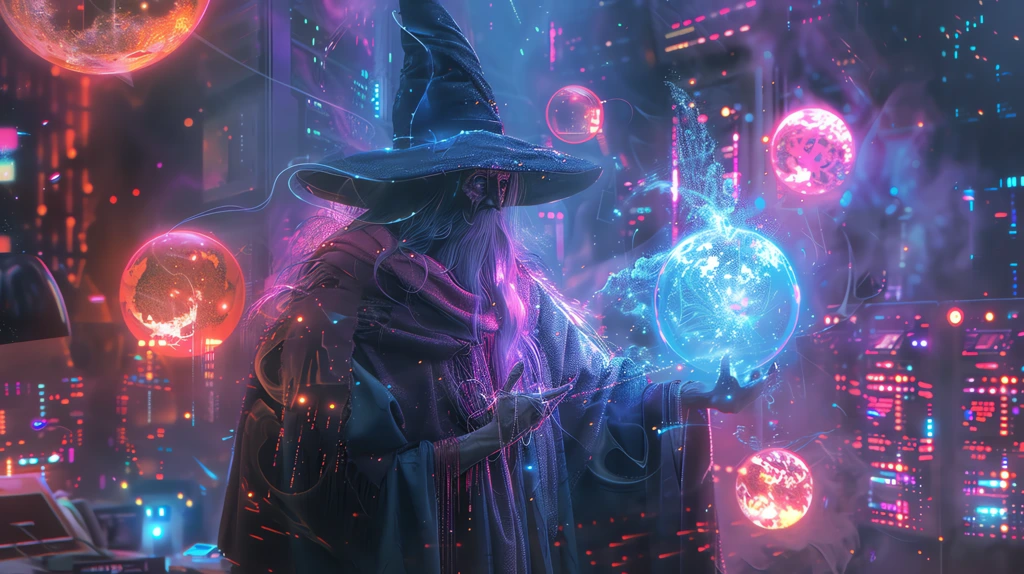 wizard with multicolor balls around him desktop wallpaper 4k