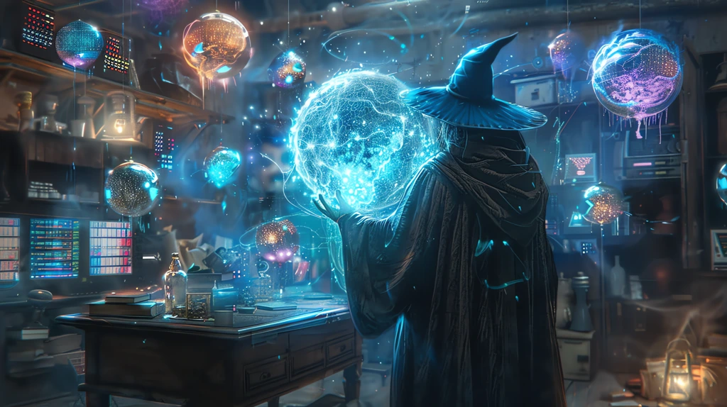 wizard with multicolor balls around him in a computer room desktop wallpaper 4k