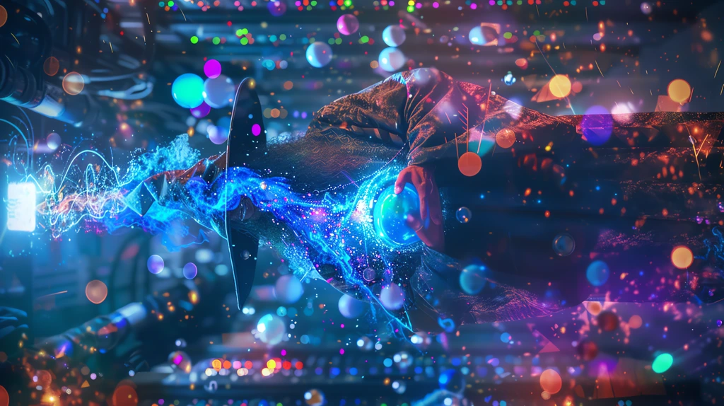 wizard with multicolor balls in a computer room holding a blue neural phone wallpaper 4k