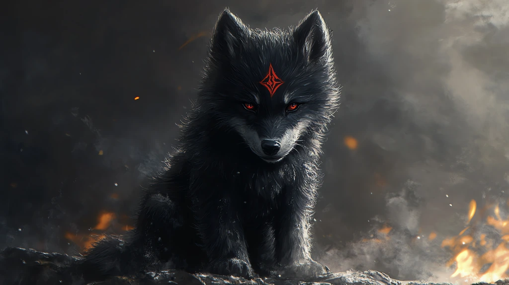 wolf puppy black fur and a red sigil on its forehead dungeons and dragons desktop wallpaper 4k