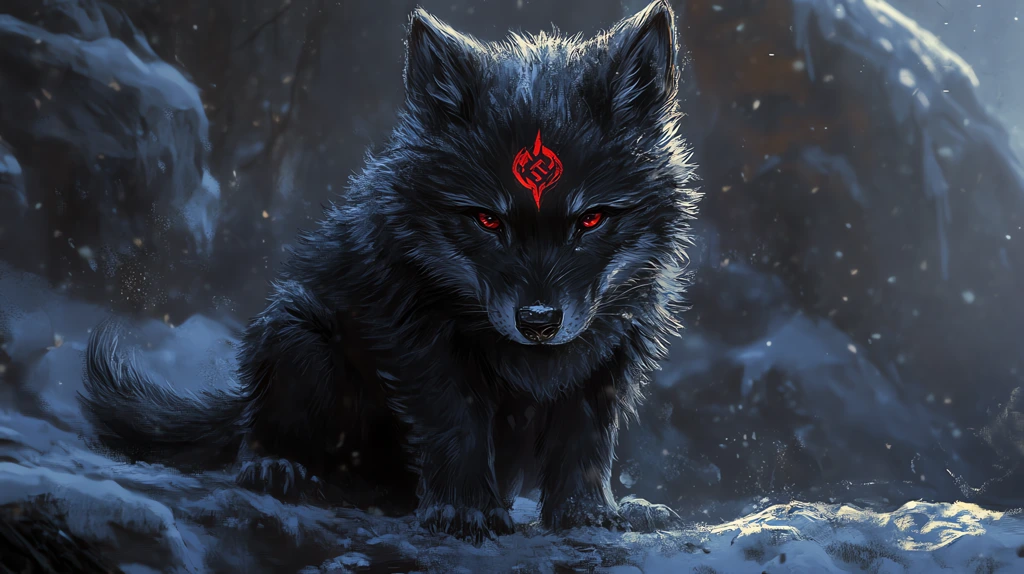 wolf puppy it has black fur and a red sigil on its forehead desktop wallpaper 4k