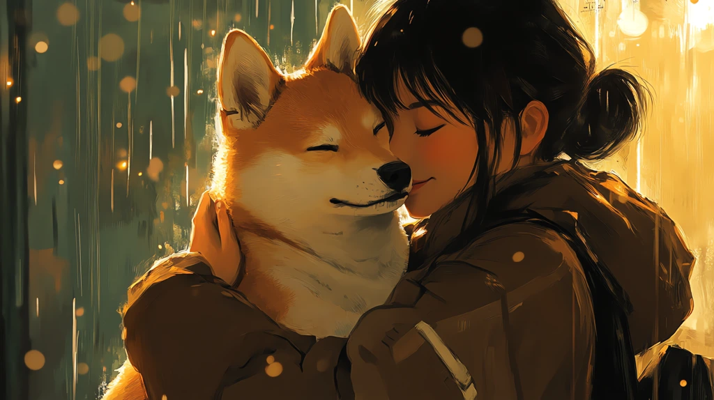 woman huging a shiba inu outside of a dog shelter anime kemonomimi art desktop wallpaper 4k