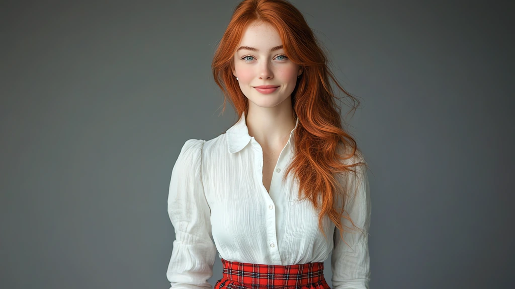 woman with red hair and white skin 24 years old white blouse and red plaid skir desktop wallpaper 4k