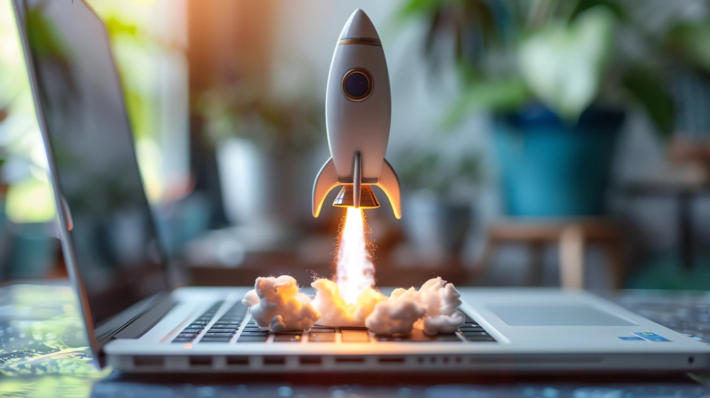 workspace with rocket launch on laptop desktop wallpaper 4k