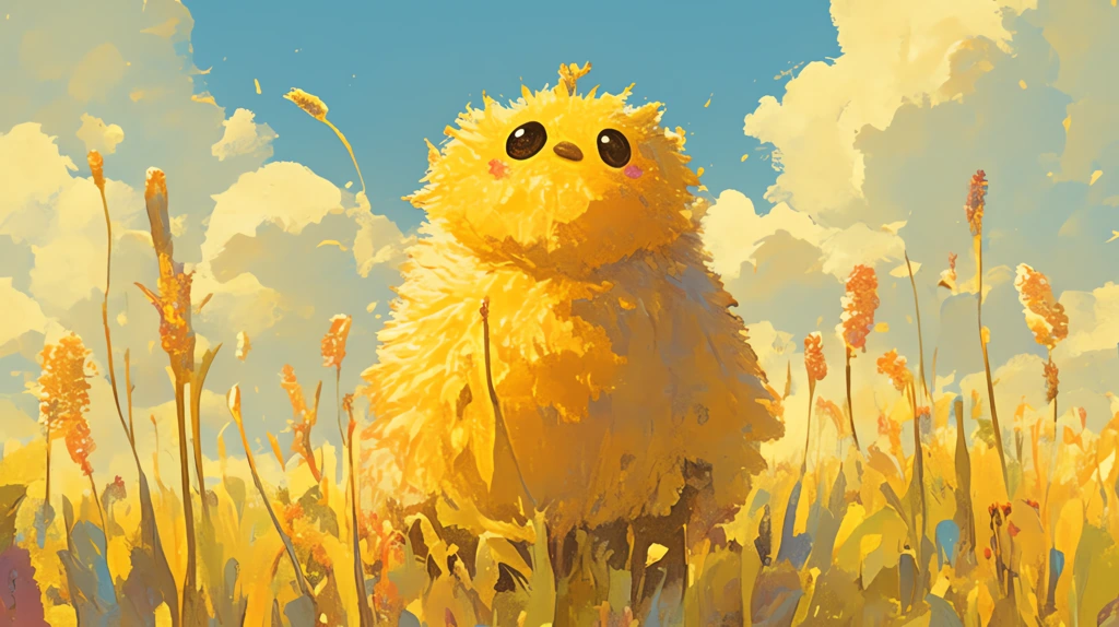 yellow fluffy animated creature on a leisure walk in the meadow desktop wallpaper 4k