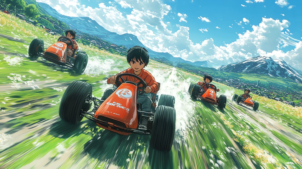 young boys riding incredibly fast karts through an endless green field desktop wallpaper 4k